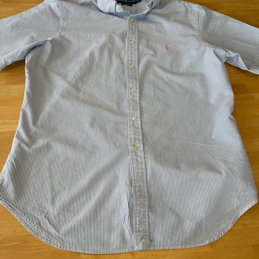 Ralph Lauren Blue Seersucker Shirt Large Pink Pony